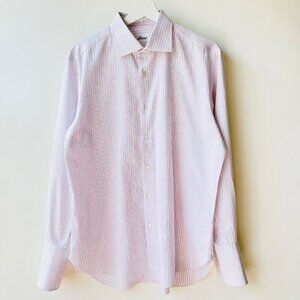 Brioni Men’s Dress Shirt – White with Red & Blue Pinstripes – Size 16